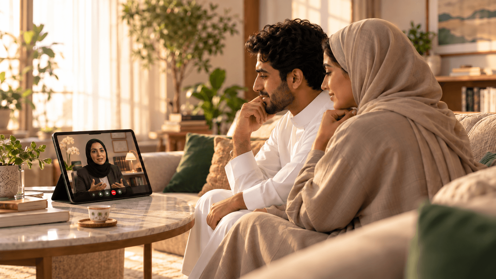 Couple attending an online therapy session together from home